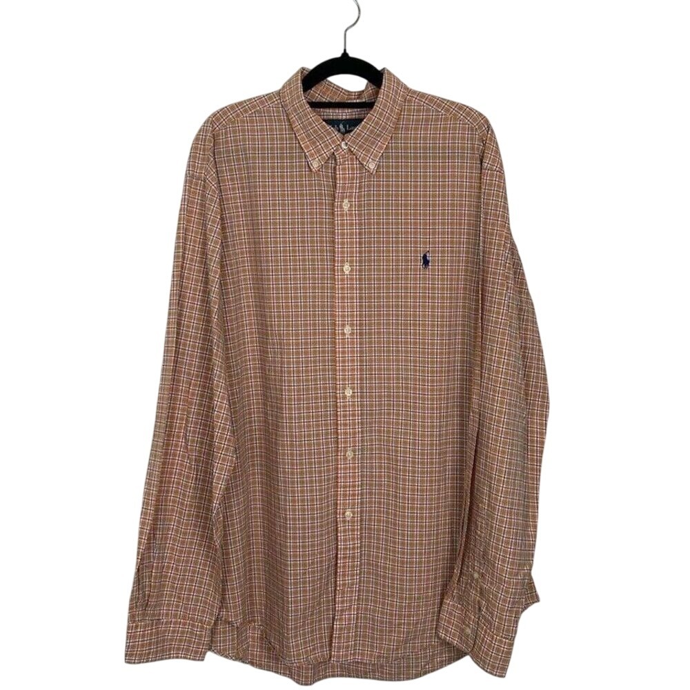 Ralph Lauren Polo Men's Classic Fit Long Sleeve Orange Check‎ Shirt XL